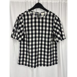 A New Day Women's Size S Short Flutter Sleeve Top Blouse Boxy Black/White Check